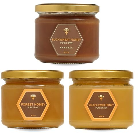 Earthbreath Pure Raw Honey - 3 jars of Buckwheat, Forest, Wildflower (400g each) - Unpasteurised & Unfiltered - Natural Sweetener for Cooking, Coffee, Tea, Juice, Drinks