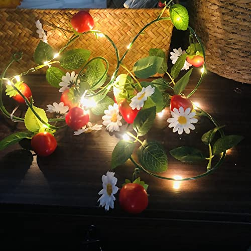 Riaxuebiy 2M 20LED Fleur Blanche Fraise Guirlande Lumineuse Artificielle Fraise Lierre Guirlande Fil Cuivre Guirlande Lumineuse 3 piles AA alimentées pour Bouquets Mariage Noël