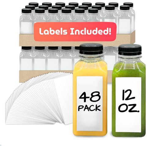 Reli. Plastic Juice Bottles (48 Pack, 12 oz) Square Plastic Juice Bottles with Caps & Sticker Labels | Clear, Empty for Juicing 12oz | Disposable, Smoothies