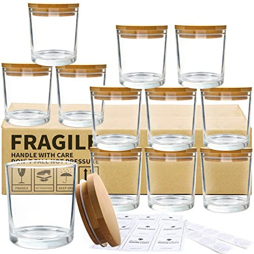 CONNOO 12 Stück 284 ml klarem Glas-Kerzengläser mit Bambusdeckel für die Herstellung von Kerzen, leere Kerzendosen mit Holzdeckel, Bulk Clean Candle Container – spülmaschinenfest