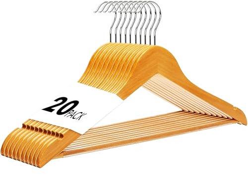Meown Wooden Coat Hangers, 20 Pack, Natural Wood Clothes Hangers with 360 Degree Rotatory Hook, Shoulder Notches, Wardrobe Wooden Garments Hangers, clothes hangers for Shirts, Jackets, Coats & Suits
