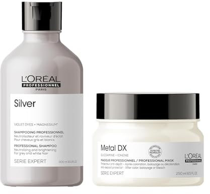 L'Oréal Professionnel Pflegeduo aus Silver Shampoo und Metal DX Haarmaske, Für blondes oder graues geschädigtes Haar, Anti-Gelbstich und Anti-Haarbruch, Für langanhaltende Farben & Glanz, Serie Expert