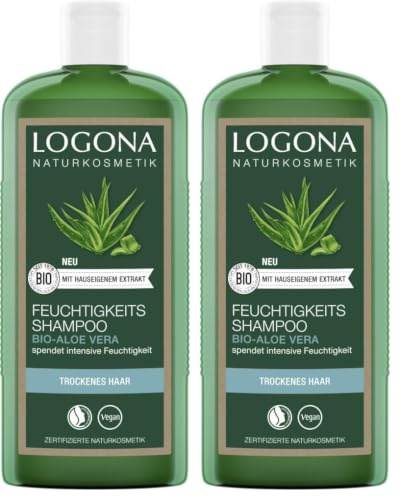 LOGONA Naturkosmetik Feuchtigkeit-Shampoo für natürlich hydratisiertes Haar, Geeignet für trockenes Haar, Feuchtigkeitsspendendes Haarshampoo mit Bio-Aloe Vera, 1 x 250 ml (Packung mit 2)