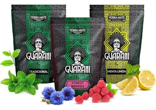 Guarani Yerba Mate Set 3x500g | Forrest Berries | Menta Limon | Elaborada | Paraguayan Yerba Mate Herbal Tea 1,5kg | Coffee Alternative | Natural Caffeine | Natural Energy Drink | Loose Leaf Tea