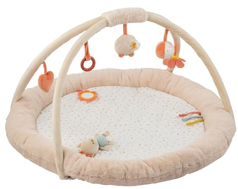 Nattou krypfilt med lekbåge och olika aktiviteter, igelkott zoë och katt Lana, tillverkad av bomull och polyester, ca 90 cm, Mila, Zoë och Lana, beige