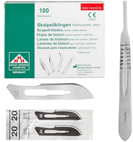 Set - 100 Stück sterile Skalpellklingen Figur 20 aus Karbonstahl - Ersatzklingen + 1 x Shehadeh - Skalpell-Halter - Edelstahl
