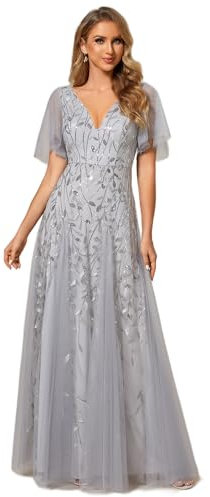 Ever-Pretty Robe Mère de la Mariée Taille Empire A Line Col V Manches Courtes Paillettes et Tulle Argent 38