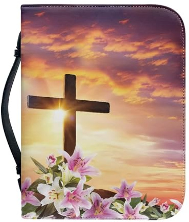 ZIATUBLES Leichte Bibelhülle Buchträger Pack mit Tragegriff oben, Bibelhalter, Kirche, Bibelhülle für christliches Buch, Tragetasche für Studenten, Lehrer, Sonnenuntergang, leuchtende Lilie, Blume,