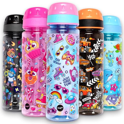 Fringoo 650ml Kids Water Bottle - Leakproof, Straw & Lock Lid - 6 Designs