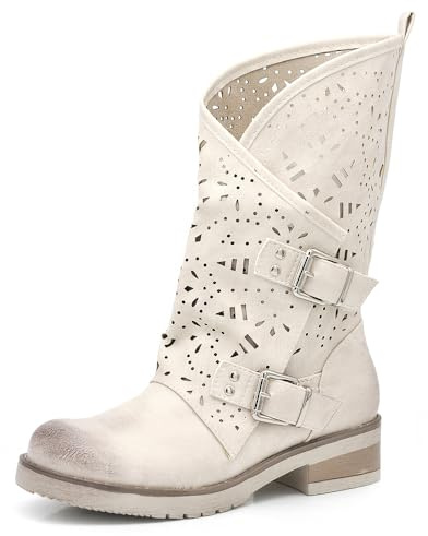 IF Fashion Scarpe da Donna Stivali Stivaletti Biker Forati Fibbie Anfibi Polpaccio Largo WZ688-66 Beige 40