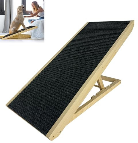 FIVMEN Hunderampe 60cm Hundetreppe Holz Faltbar Höhenverstellbar Haustiertreppe mit Rutschfester Trittmatte Hunde Treppen für Bett Sofa, 100x40x60cm