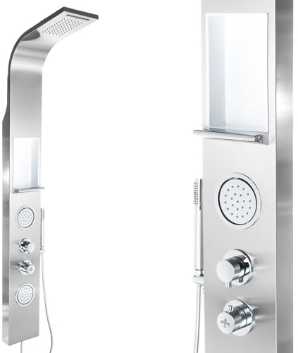 Steinkirch Duschpaneel SK-423 mit Thermostat + Eckmontageset Duscharmatur Regendusche Duschstange mit Duschkopfhalterung Regenduschkopf Dusche mit Körperdüsen Handbrause & integrierter Ablage
