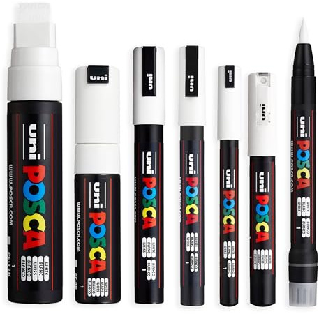 Posca Water Based Permanent Marker Paint Pen - Multi Surface Use - Set of 7 Pens - PC-1MR, PC-1M, PC-3M, PC-5M, PC-8K, PC-17K, PCF-350 - White Ink