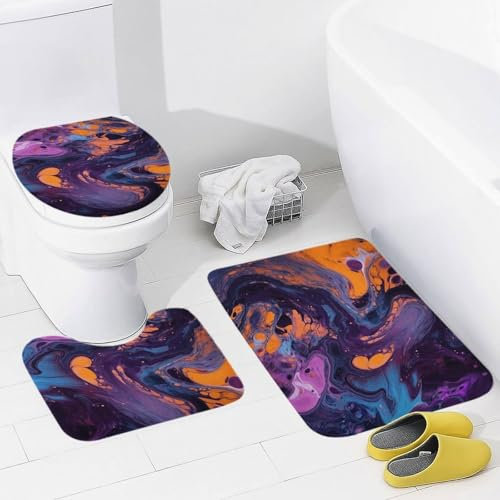 Badezimmerteppich-Set, 3-teilig, Badematte mit U-förmiger Kontur, WC-Vorleger, rutschfeste Bodenmatte, saugfähige Mikrofaser, Orange und Schwarz, Wirbel-Badteppiche für Badezimmer, Badewanne,