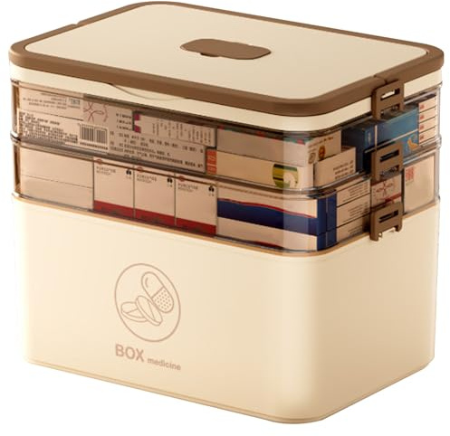 Boîte de Rangement de Médicaments à 3 Niveaux en PP - Premiers Secours Portable avec Boucle d'Étanchéité et Double Plateaux Cloisonnés pour la Famille
