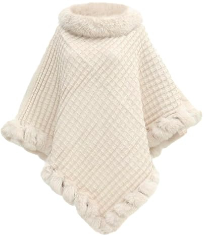 JFAN Poncho Châle Femme Tricot Capes avec Col en Fourrure Hiver Chaud Poncho Doux en Maille Elégant Châle en Crochet Beige