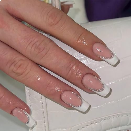 GlamRays 24 Stück Stylish Glitzer Falscher Nagel Lang Quadratisch Press on Nails Weiß Französische Spitze Nagel Kunst Dekoration für Frauen und Mädchen Maniküre