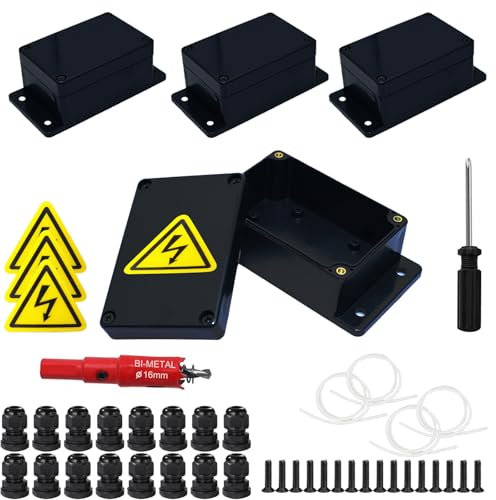 4 Stück Anschlussdose, IP67 Schwarz Abzweigdose Wasserdicht, 100 * 68 * 50mm Aufputz Verteilerdose, Gehäuse Elektronik mit 16 Kabelverschraubungen, Sicherheitsschilder, Lochsäge 16mm, Schraubenzieher