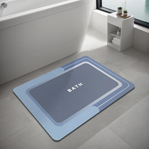 Tapis de bain super absorbant en caoutchouc fin à séchage rapide pour sol de salle de bain, baignoire, meuble-lavabo (bleu marine, 60 x 90 cm)
