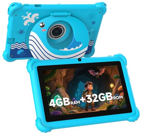 Aheadthink 7-Zoll-Kinder-Tablet für Kleinkinder, Android 12, 4 GB RAM, 32 GB ROM, WLAN, Bluetooth, sicherer Augenschutz IPS-Bildschirm, Kindersicherung, Dual-Kamera, transparente Hülle für Bildung und