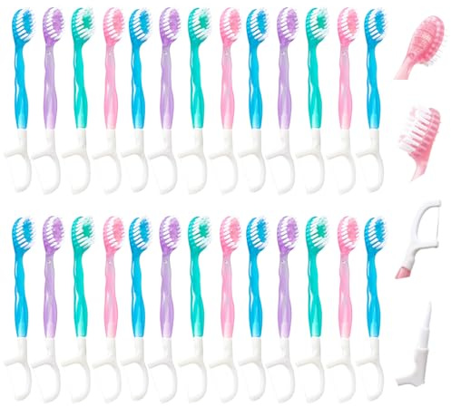 26PCS Disposable Toothbrush with Toothpaste, 5 in 1 Mini Toothbrush & Floss, Travel Toothbrushes with Paste Tongue Scraper Toothpick DentalFloss, 4 Mixed Flavours(1 Bag)