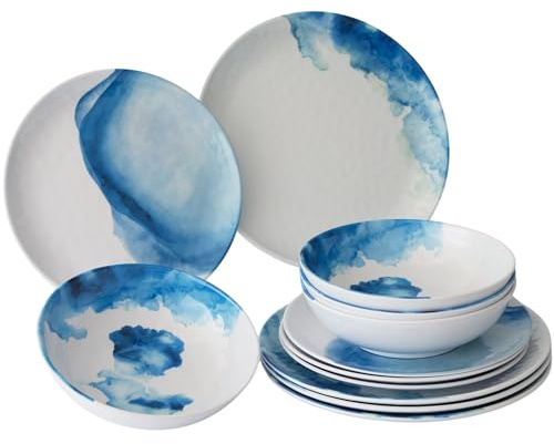 Service de table en mélamine pour 4 personnes - 12 pièces - Aspect faïence élégant - Blanc et bleu - Passe au lave-vaisselle - Vaisselle de camping en plein air