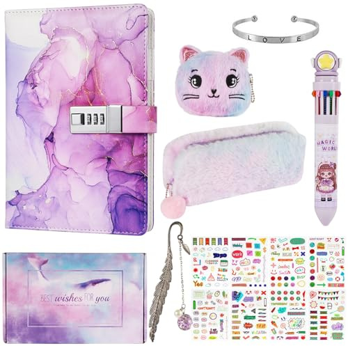 Realjoy Journal Intime Fille de 7-13 Ans,Journal Intime avec Cadenas,Violet | A5 en Cuir PU,Cahier Secret pour Fille,Carnet Secret avec Cadenas, Autocollants, Stylo, Trousse, Bracelet