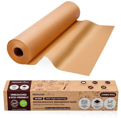 Natural Cuisine Brown Baking Paper Jumbo Roll – 75m x 38cm Unbleached Greaseproof Non-Stick Parchment Paper – 300 sq ft – Double-Sided Siliconised – 40gsm Virgin Wood Pulp – Kosher & Halal
