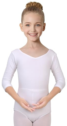 ANTLOOWW Body da Balletto per Bambine con Maniche A 3/4 Body da Balletto in Cotone con Scollo A V Body da Ginnastica per Bambine E Donne Taglia 110-170 (Bianco, 160)