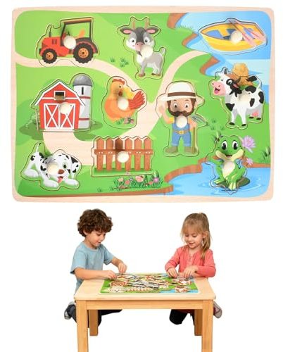 Holzpuzzle - Lernspielzeug Puzzle Bauernhof-Thema Steckpuzzle Holz Glatte Kanten Holzspielzeug Montessori Spielzeug Erkennt Wörter, Formen und Muster, ab 1 2 3 4 Jahr
