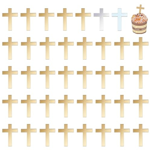 FINGERINSPIRE 48Pcs Charme Croix pour Gâteau Acrylique 50x34mm Croix Acrylique Miroir Or Pic à Gâteau Baptême Toppers pour Gâteaux Toppers pour Cupcakes pour Fête Religieuse Anniversaire Mariage