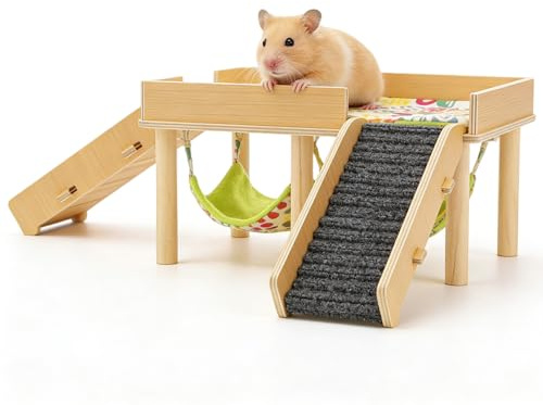 GOMETY Meerschweinchen Versteck Aus Holz, Meerschweinchen Haus mit Häuser Matten 2 Treppen 2 Hängematten, Großes Schloss-Haus, Mehrkammernhaus Hamster für Hamster Kleine Haustiere Kaninchenhaus