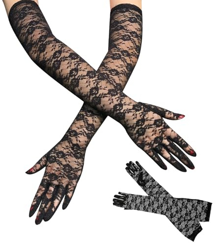 Spitzenhandschuhe Damen Lang Ellenbogenlange,Schwarze Handschuhe,Spitzenhandschuhe Schwarz,1920er Jahre Teeparty Hochzeit,Handschuhe Lang Elegante Tanz Zubehör,Oper Kostüm,Cosplay,Karneval (Schwarz)