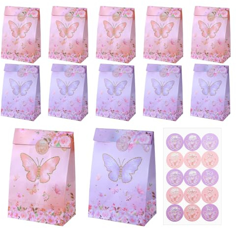 MBAIYO 12 Stück Schmetterling Geschenktüten Set mit Aufkleber | Mitgebsel Tüten, Papiertüten für Geburtstag Deko Partytüten & Gastgeschenke, Einfache Handhabung, 21 x 15 x 8 cm