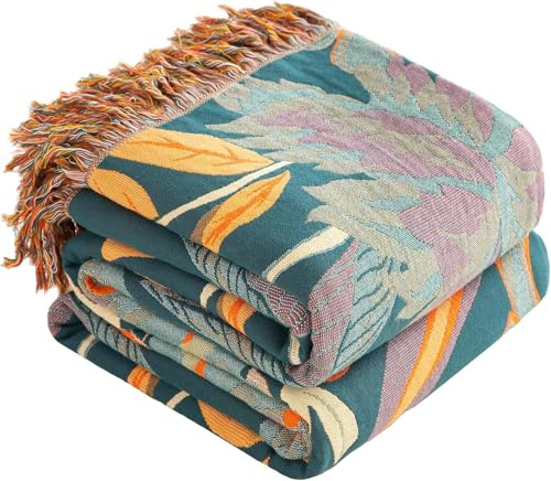SE SOFTEXLY Manta Boho 100% Algodón – Manta de muselina reversible 130x150cm, manta acogedora para sofá y cubrecama, diseño estético, ideal para sala de estar y dormitorio, naranja/verde