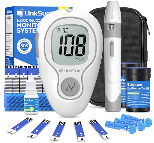 LinkSun G-425-3 Blood Glucose Monitor Kit, 100 Test Strips, 100 Lancets, 1 Blood Sugar Monitor, 1 Control Solution, 1 Lancing Device, Diabetes Testing Kit, No Coding, Large Display, Glucometer for Home Use