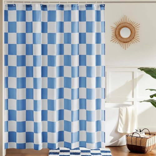 Duschvorhang 200x200cm Anti-Schimmel Wasserdicht 3DBlau-weiße Karomuster Duschvorhänge Moderne Geometrie Shower Curtain Waschbar Stoff Polyester mit 12 Haken für Badezimmer b.79