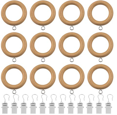 INCREWAY Anelli per tende in legno con ganci, passanti e clip per aste per tende, set di anelli decorativi in legno naturale per decorazioni classiche della casa, 12 pezzi (diametro 35 mm)
