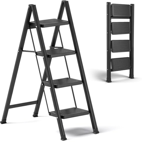 Teodute Escalera Plegable 4 Peldaños, Capacidad Máximacarga 150kg, Acero Carbono Aleado Escalera 2 Peldaños Plegable con Peldaños Anchos, para Lavaderos Cocinas Dormitorios y Garajes