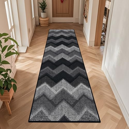 TUKDAK Boho Teppich Läufer Flur rutschfest 60x180cm, Schwarzgrau Waschbar Teppichläufer Flur, Waschbarer Küchenläufer, Kurzflor Küchenteppich, Flurteppich Läufer Lang Wohnzimmer Schlafzimmer Korridor