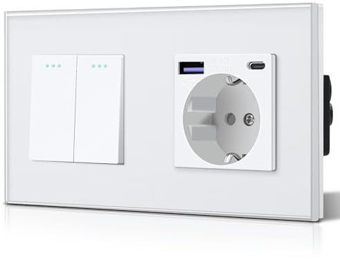 BSEED Lichtschalter mit Steckdose 20W USB C, Schnellladegerät Wandsteckdose mit Wechselschalter aus Glas,Unterputz Steckdosen,157mm 2 Fach 2 Wege Weiß