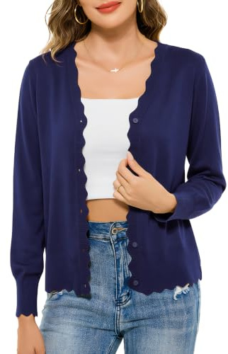 Lovasy Cardigans for Women UK Long Sleeve V Neck Button Down Ladies Cardigans Summer Lightweight Women's Scalloped Edge Knit Cardigan