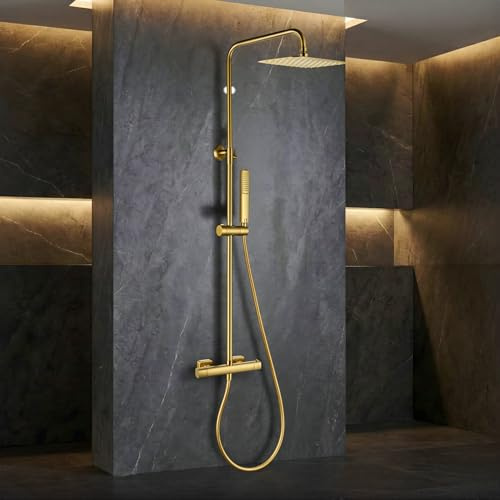 IMEX - Columna Ducha Termostatica Oro con Grifo | Conjunto de Ducha con Alcachofa y Rociador Antical Efecto Lluvia | Griferia en Latón y Acero Inox S.304 con Barra Extensible Dorada | Serie Toscana