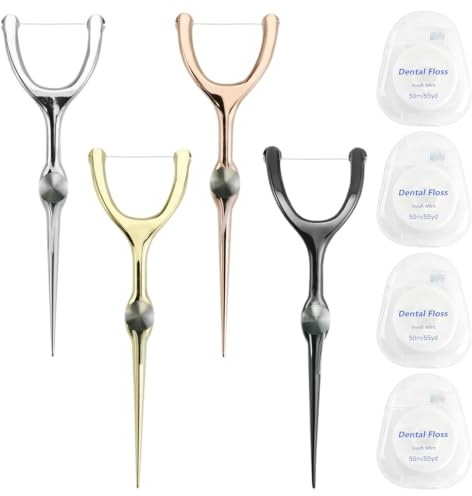 Lot de 4 supports de fil dentaire réutilisables avec fil dentaire, en métal, argent, or, noir et or rose, bâtonnets de fil dentaire réutilisables pour soins bucco-dentaires et voyages