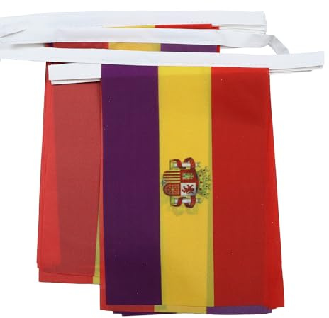 AZ FLAG Guirnalda 6 Metros 20 Banderas España Republicana Con Escudo 21x15 cm - Bandera La Republica Española 15 x 21 Cm - Banderines | Uso interior y exterior Cadena de banderas de la republica española banderas cosidas sobre cinta reforzada poliéster ligero