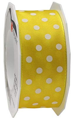 PRÄSENT Polka DOTS Band mit Drahtkante gelb/weiß, 20 m gepunktetes Dekoband, 40 mm Breite, leicht biegsames Schleifenband zum Dekorieren & Basteln, für besondere Anlässe