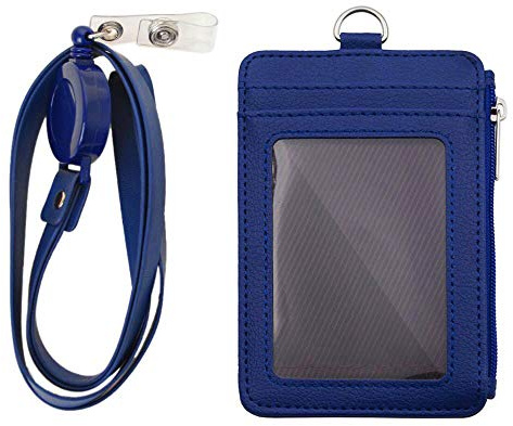 TOPTIE Ausweishülle PU Leder ID Kartenhalter mit Reißverschluss, Verschiebbarer Ausweishalter mit Nylon Schlüsselband, 5 Kartenfächern, 1 Seitentasche