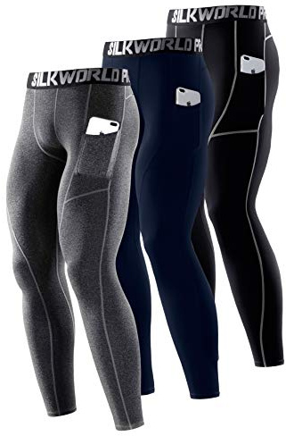 SILKWORLD Men's 1~3 Pack Compression Pants Pockets Cool Dry Gym Leggings Baselayer Running Tights (X-Large, Pack of 3: Dark Navy Blue+Black(Grey Stripe)+Hemp Gray)