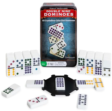 Continuum Games Family Traditions Double 9 Dominoes - 55 Piece Set in Storage Tin, Crystalline Dominoes for Kids and Adults, Classic Game Night and Travel