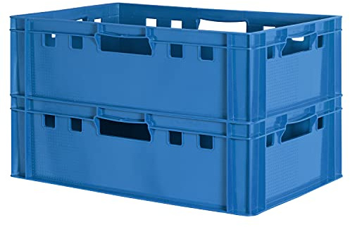 2 Stück E2 Fleischkisten Kisten Eurobox Lebensmittelecht Metzgerkiste Box Aufbewahrungsbox Kunststoff Wanne Plastik Stapelbar Lagerkisten 60 x 40 Blau Kingpower